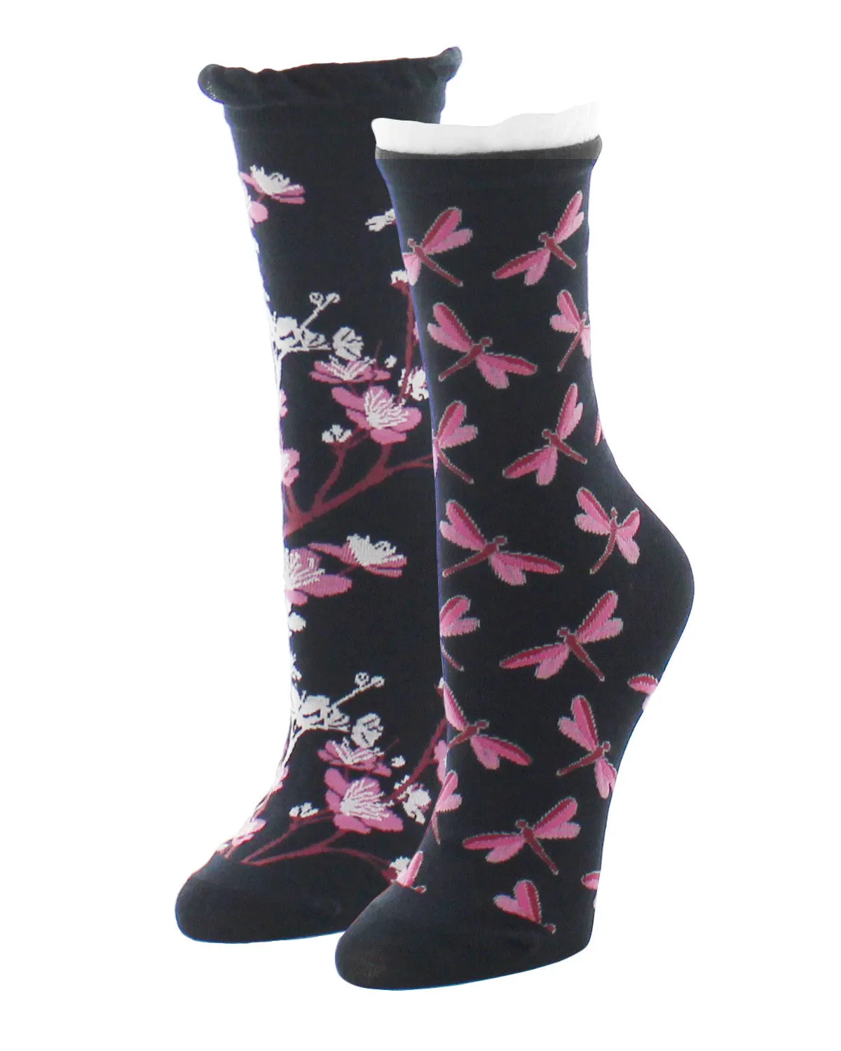 Dragonfly & Floral Cotton Blend Crew Sock 2 Pack