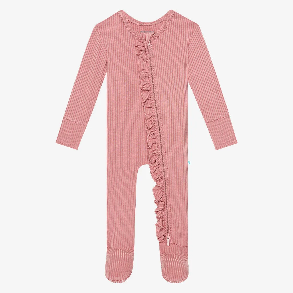 Dusty Rose Ribbed Footie Ruffled Zippered One Piece