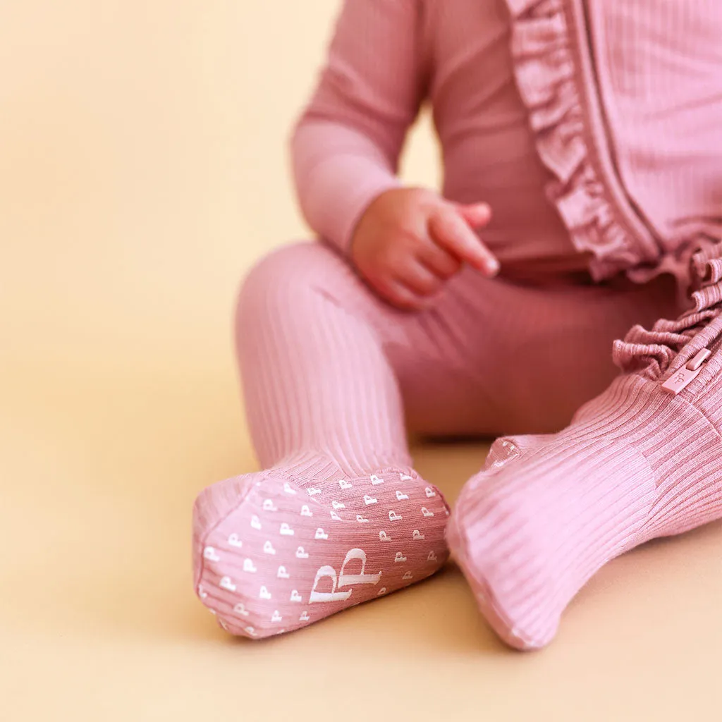 Dusty Rose Ribbed Footie Ruffled Zippered One Piece