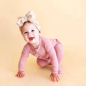 Dusty Rose Ribbed Footie Ruffled Zippered One Piece