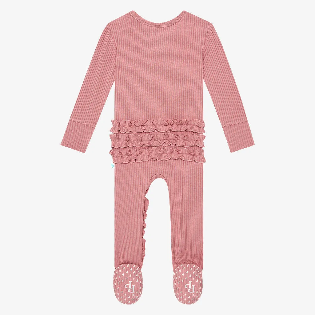 Dusty Rose Ribbed Footie Ruffled Zippered One Piece