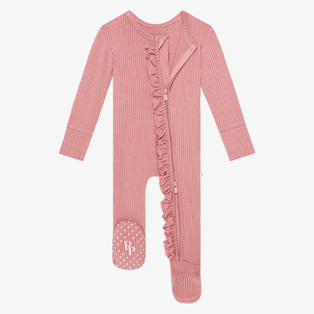 Dusty Rose Ribbed Footie Ruffled Zippered One Piece