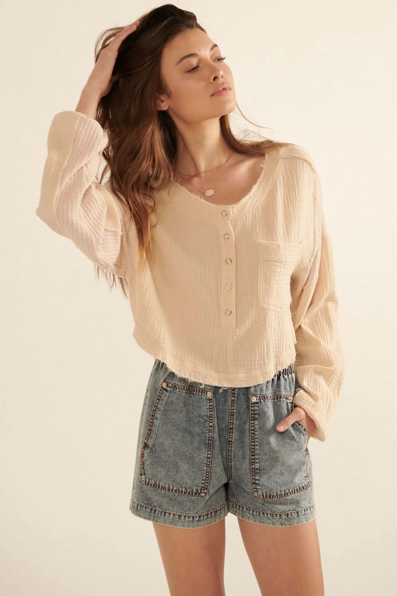 Easy Life Cropped Crinkle Cotton Henley Top