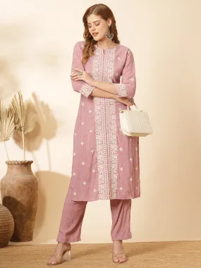 Ethnic Cross Stitch Embroidered Straight Fit Co-ord Set - Pink