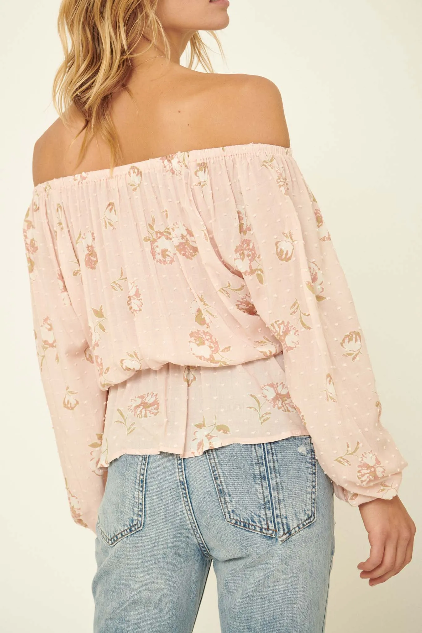 Falling Flowers Swiss Dot Peplum Peasant Top