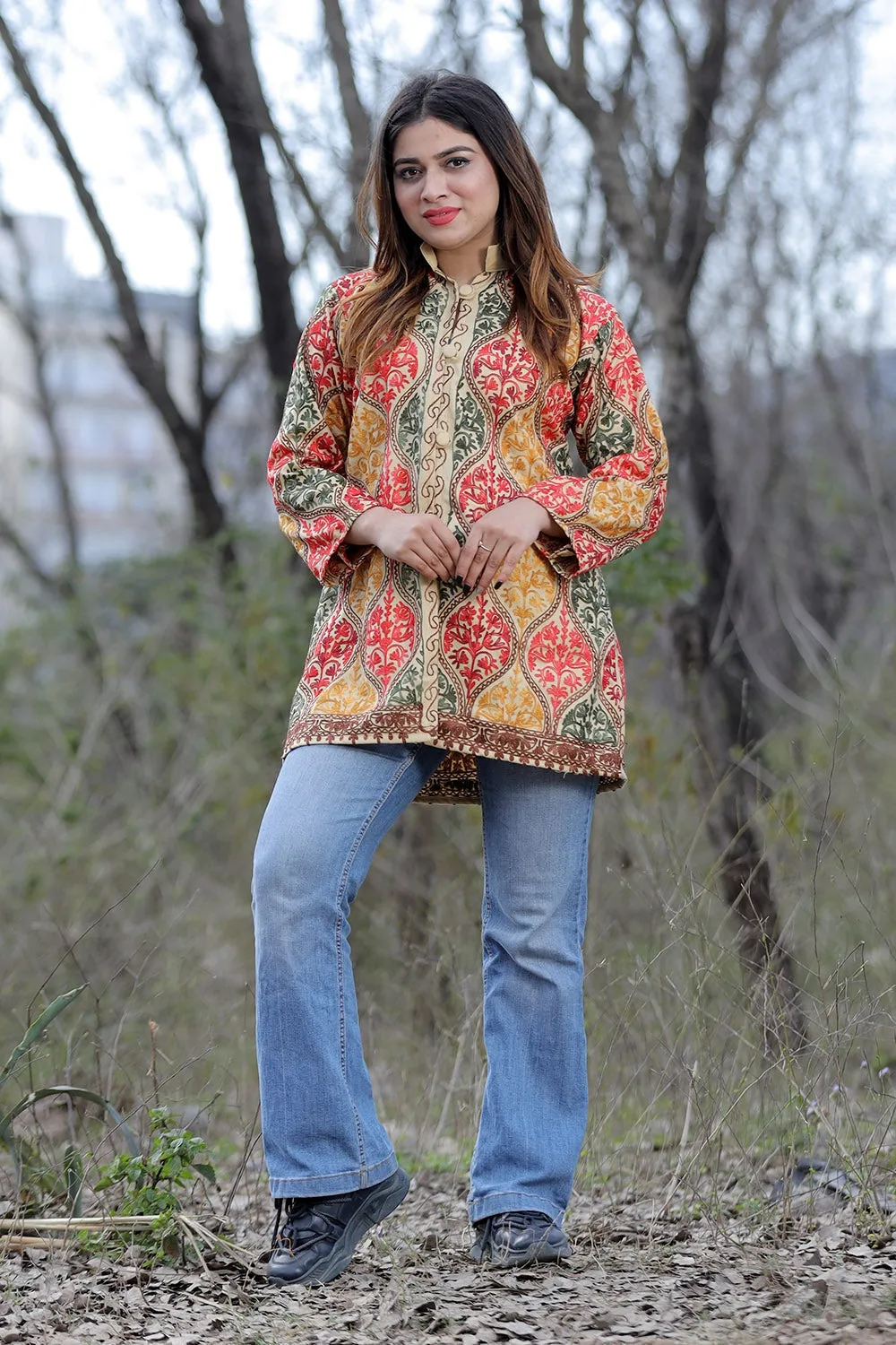 Fawn Multicolour Aari Work Embroidered Jacket With Beautiful Designer Matka Defines Sophistication.