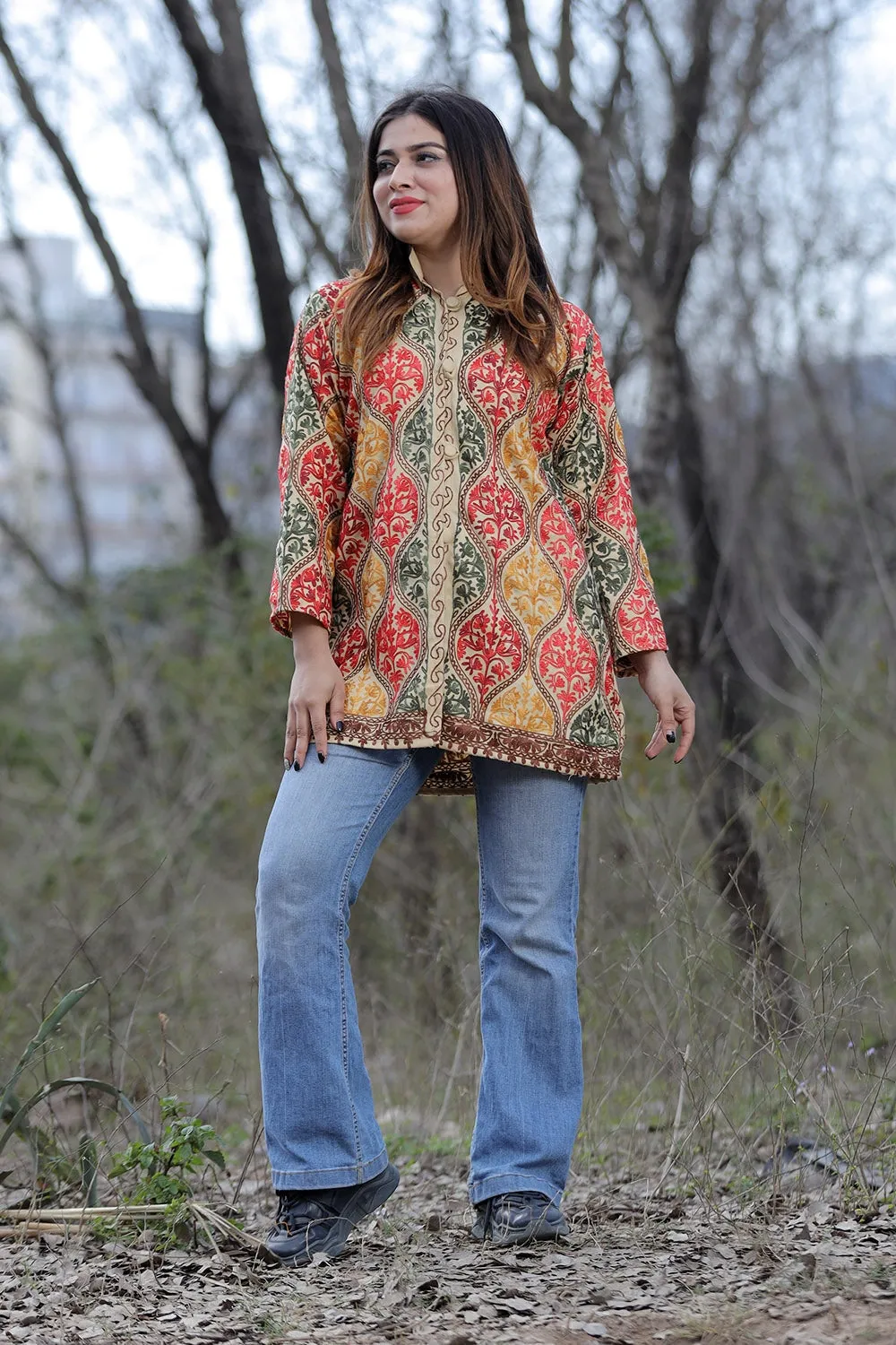 Fawn Multicolour Aari Work Embroidered Jacket With Beautiful Designer Matka Defines Sophistication.