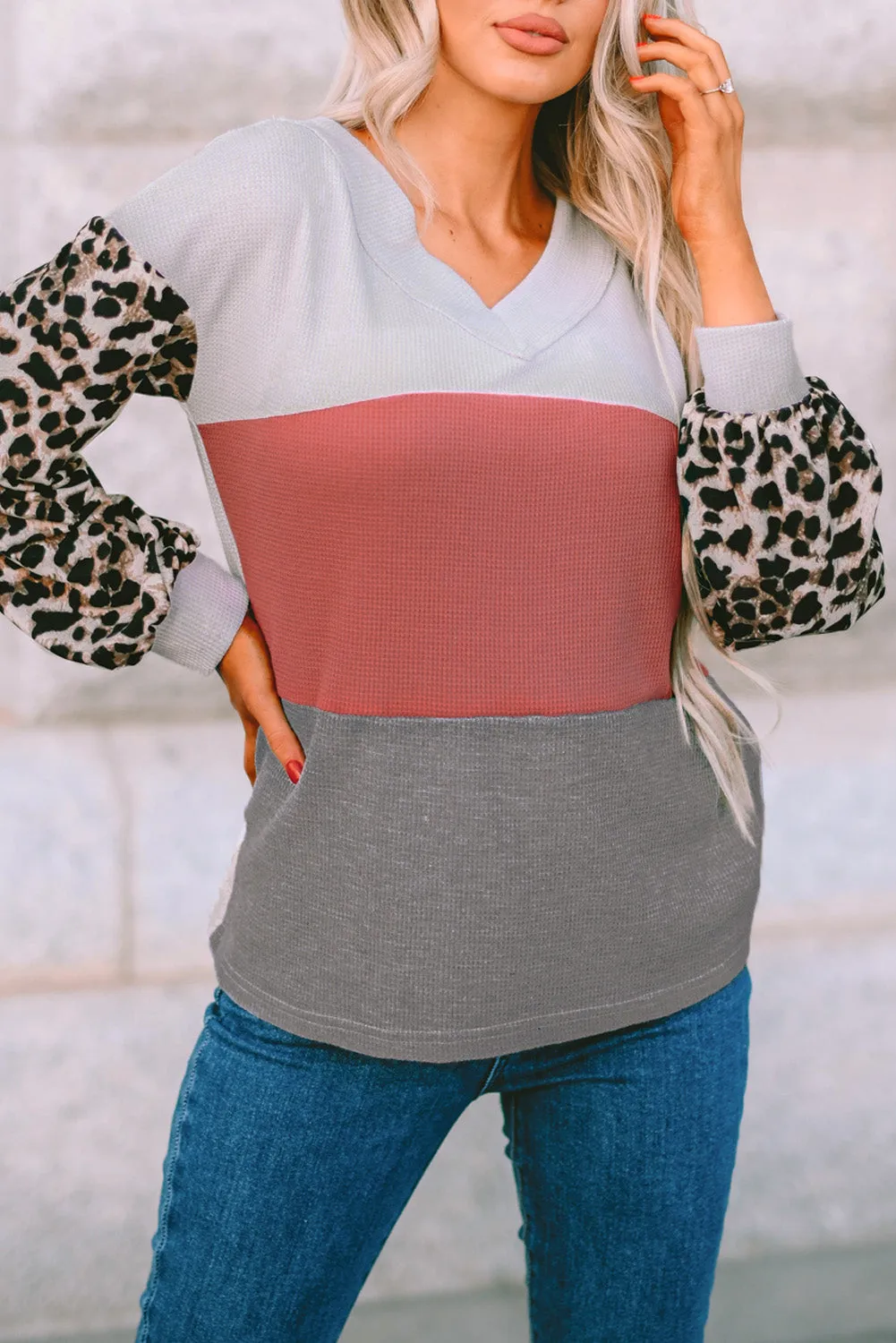 Fiery Red Wild Leopard Contrast Sleeve Colorblock Waffle Knit Top