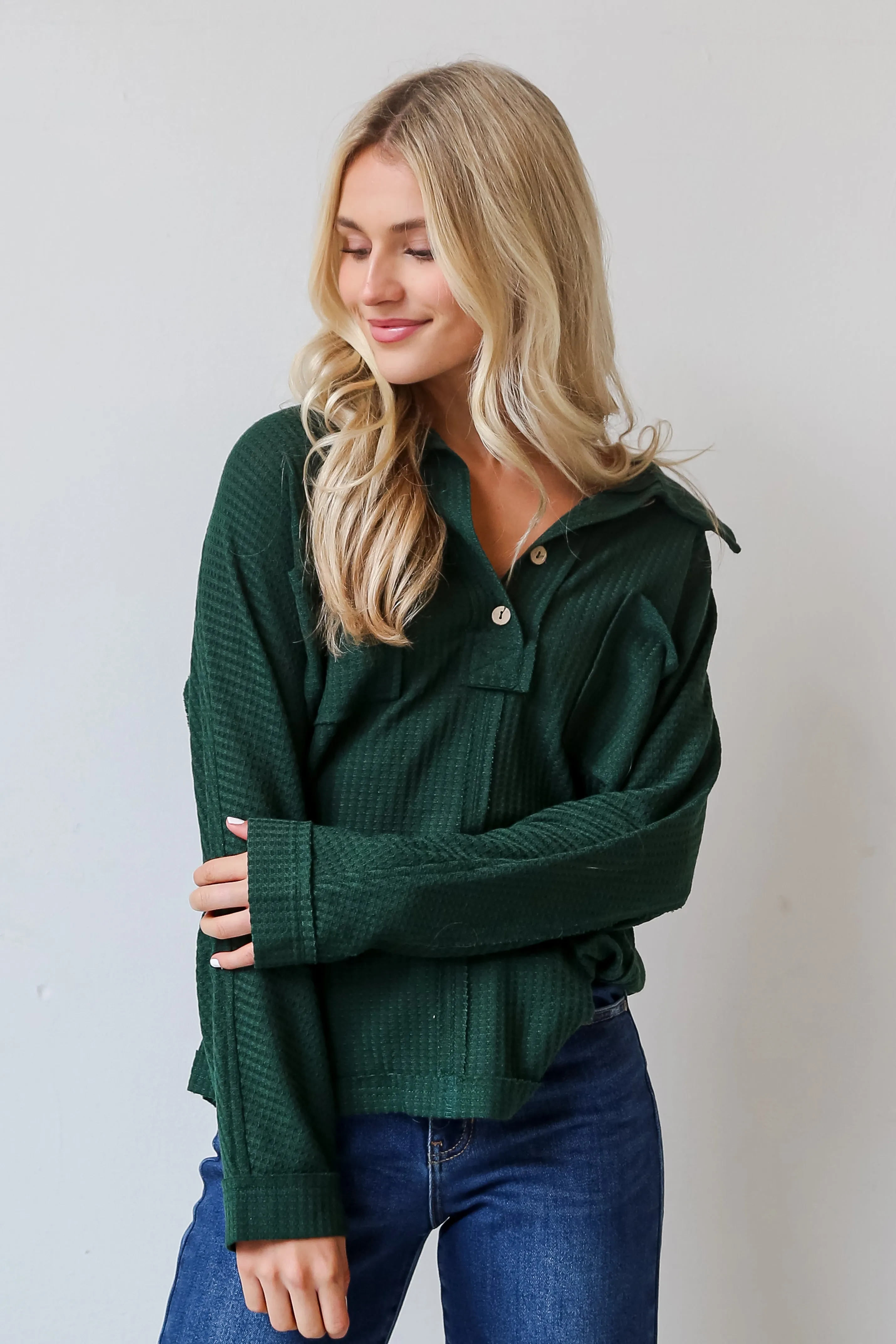 FINAL SALE - Always Together Hunter Green Waffle Knit Henley Top - DOORBUSTER