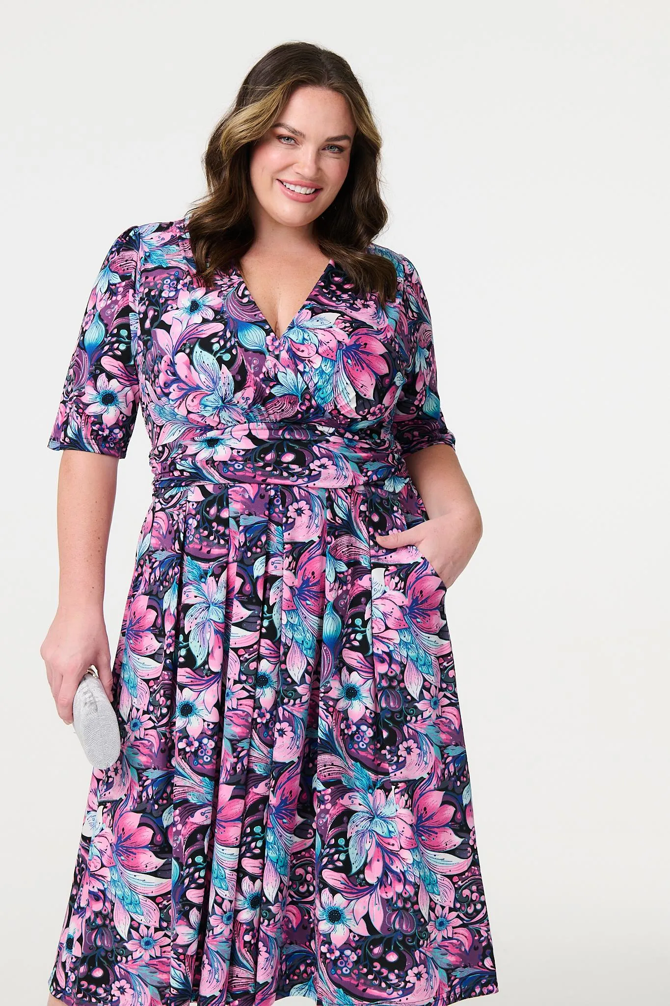 Floral Faux Wrap Front Midi Dress