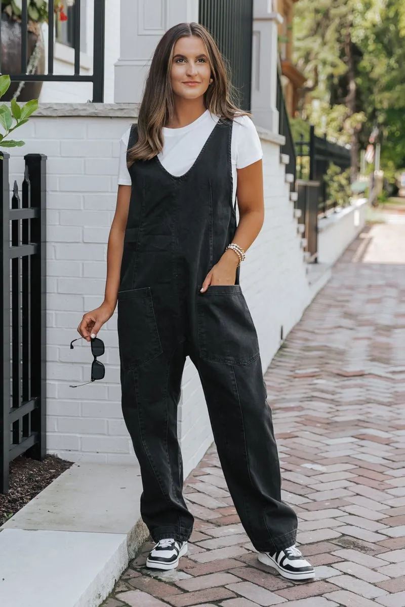 Free People Black Denim High Roller Jumpsuit