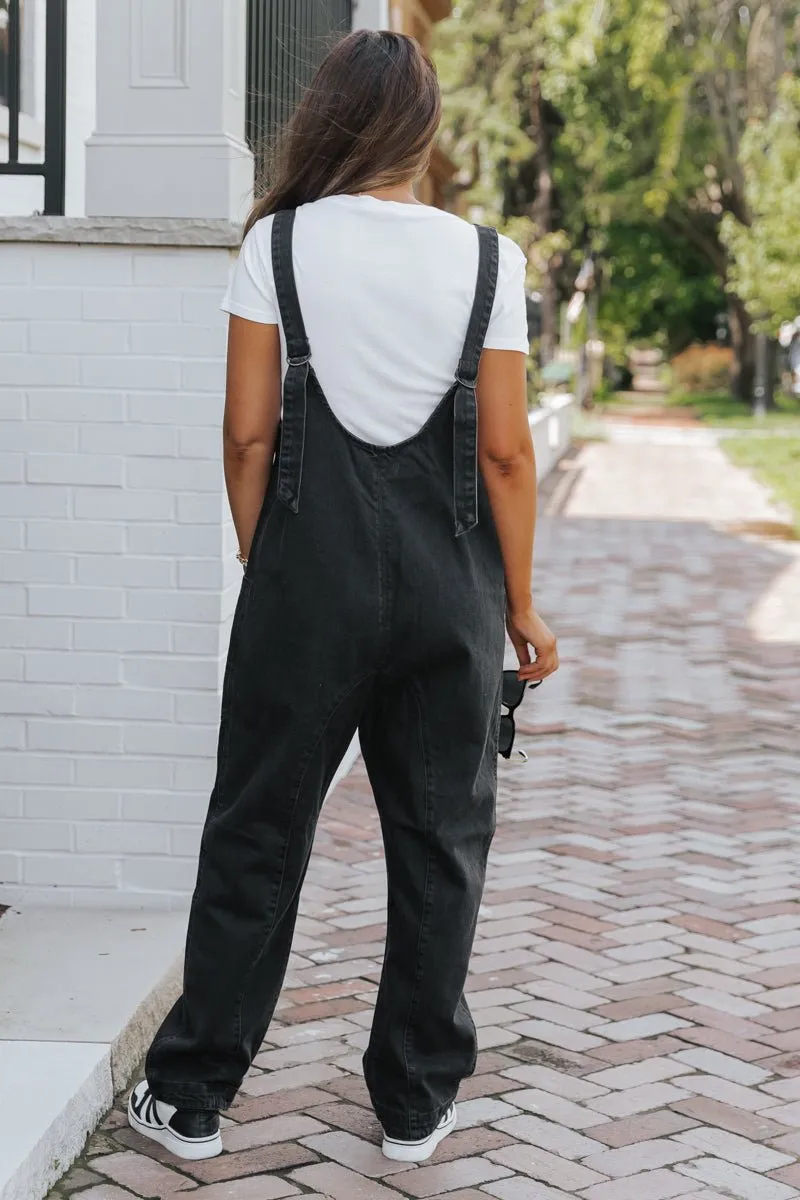 Free People Black Denim High Roller Jumpsuit