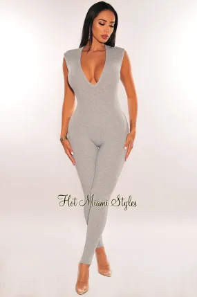 Gray Ribbed Knit Low Plunge Sleeveless Jumpsuit