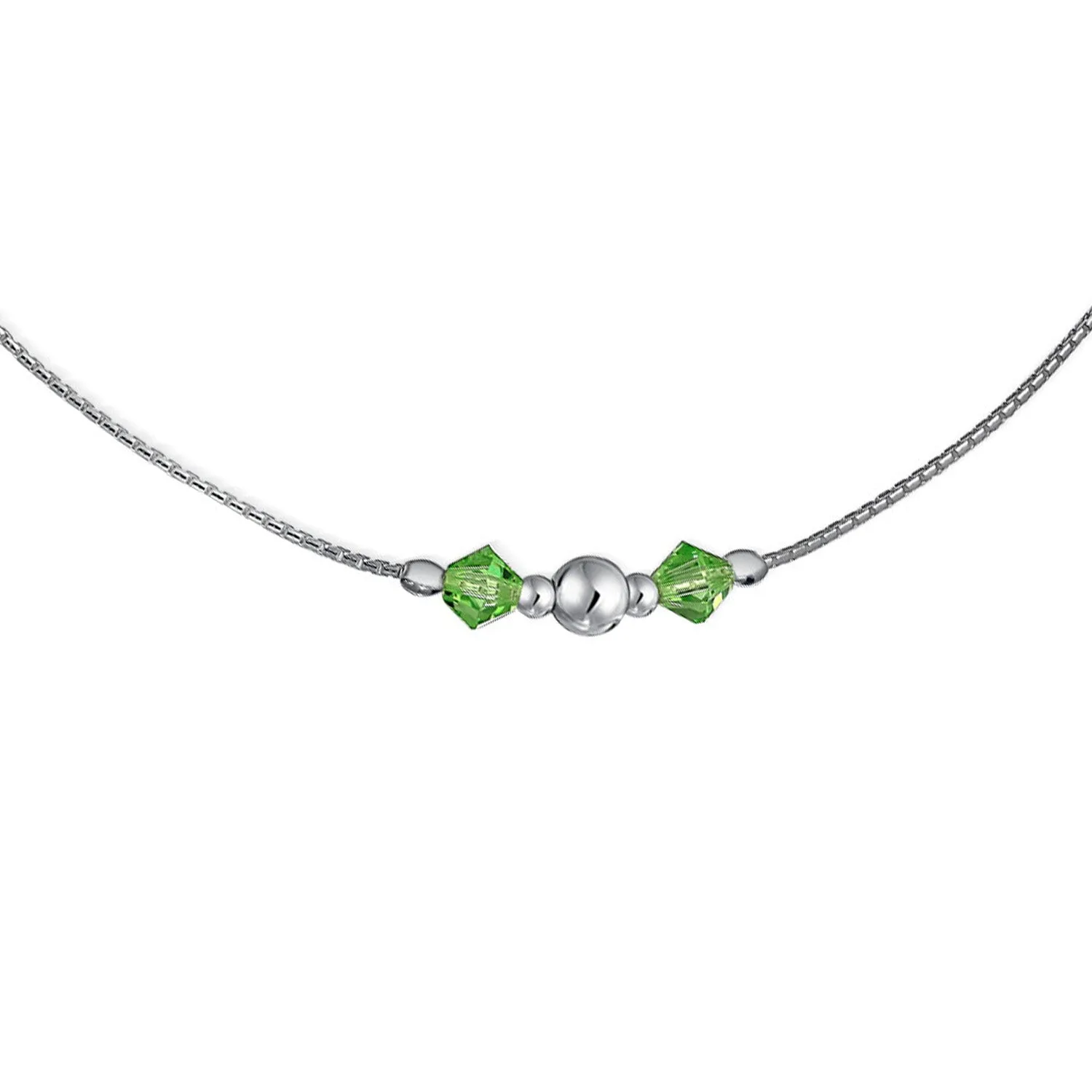 Green Crystal Bead Jingle Bell Ball Anklet .925 Sterling Silver 9-10 Inch