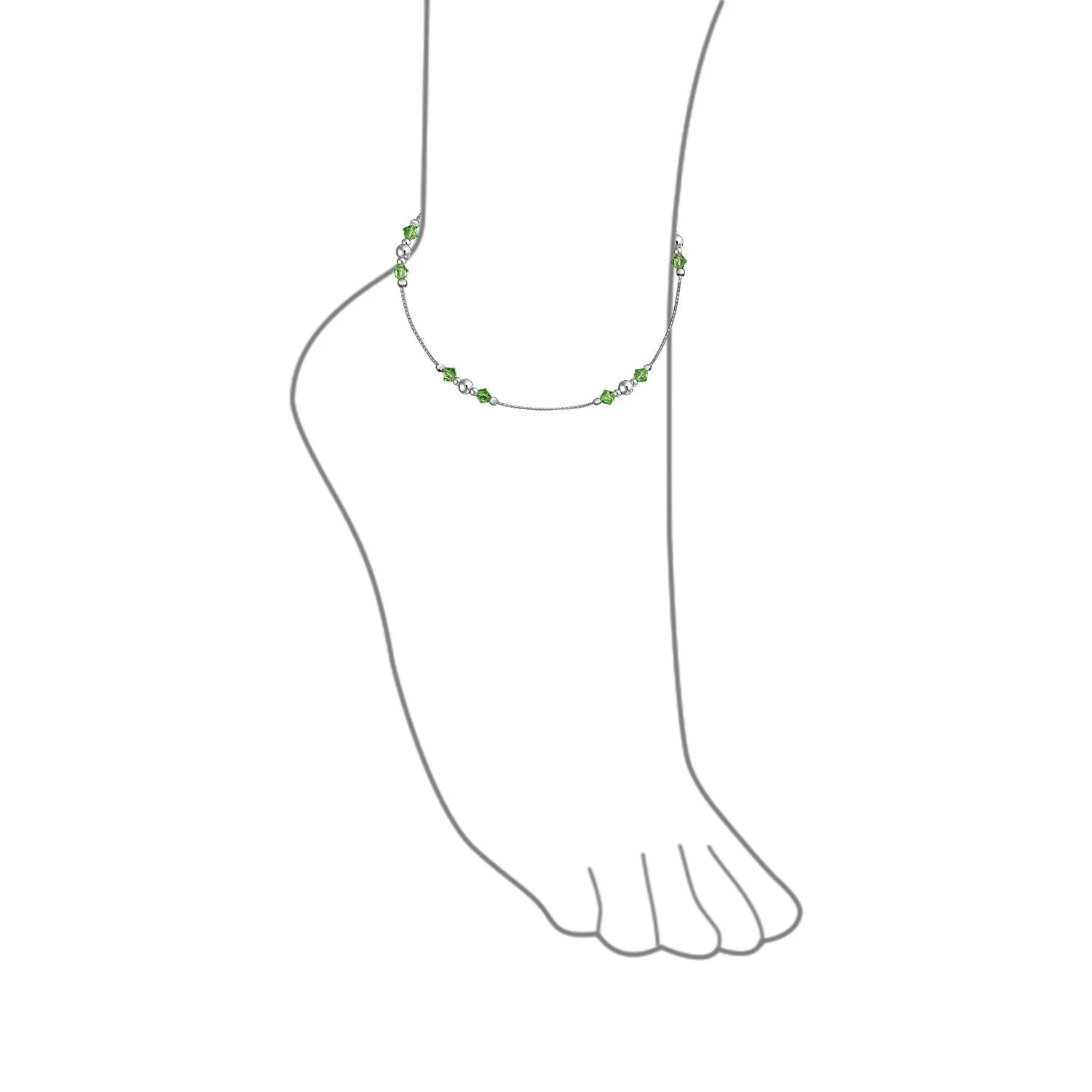 Green Crystal Bead Jingle Bell Ball Anklet .925 Sterling Silver 9-10 Inch