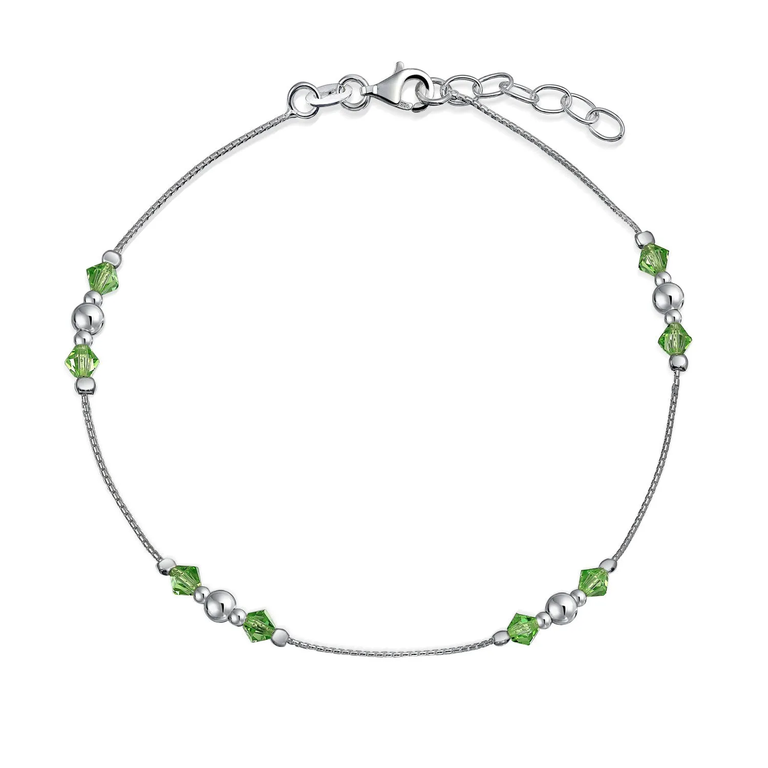 Green Crystal Bead Jingle Bell Ball Anklet .925 Sterling Silver 9-10 Inch