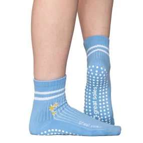 Greer Crew Grip Sock - Blue White Daisy Flower Embroidery - (Barre / Pilates)