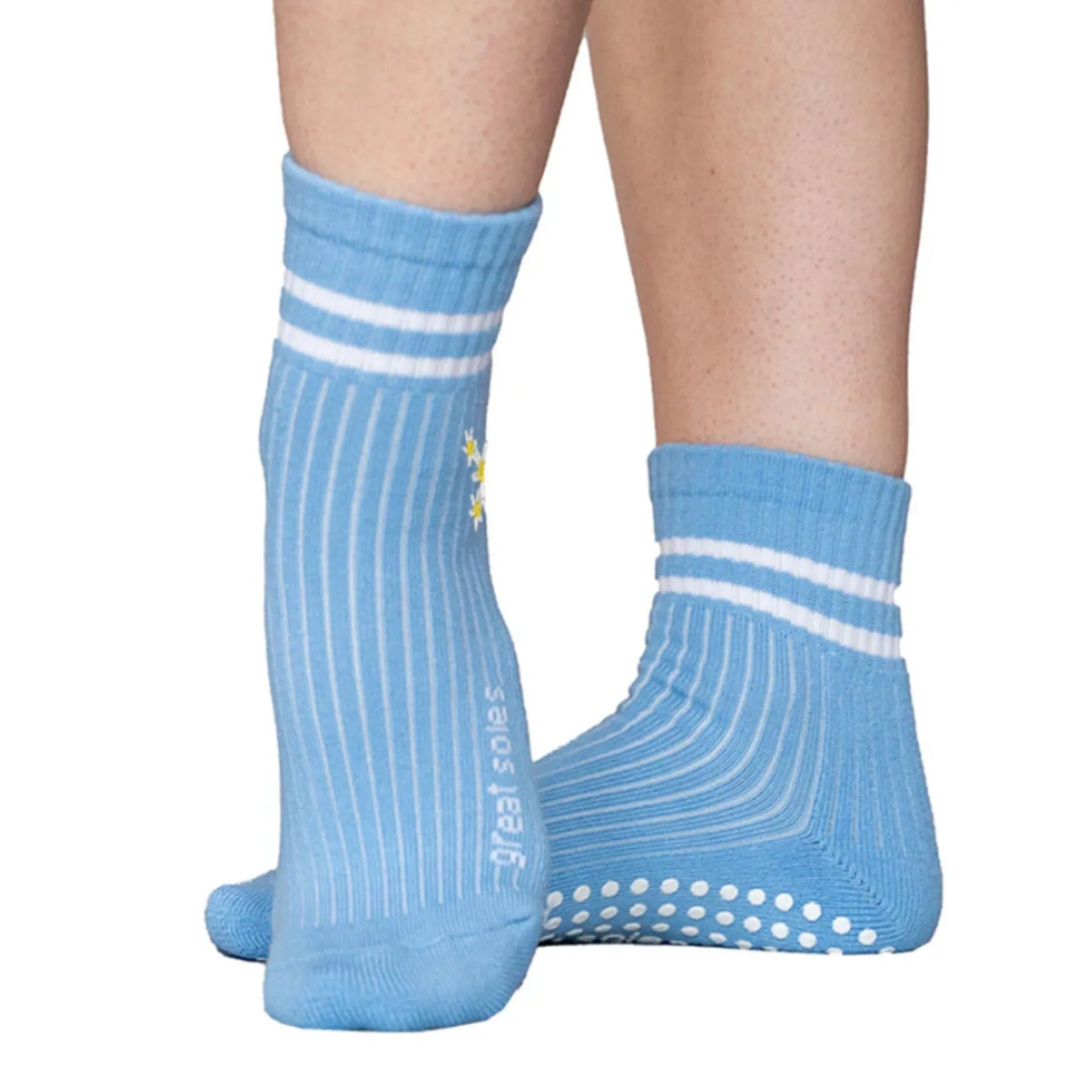 Greer Crew Grip Sock - Blue White Daisy Flower Embroidery - (Barre / Pilates)