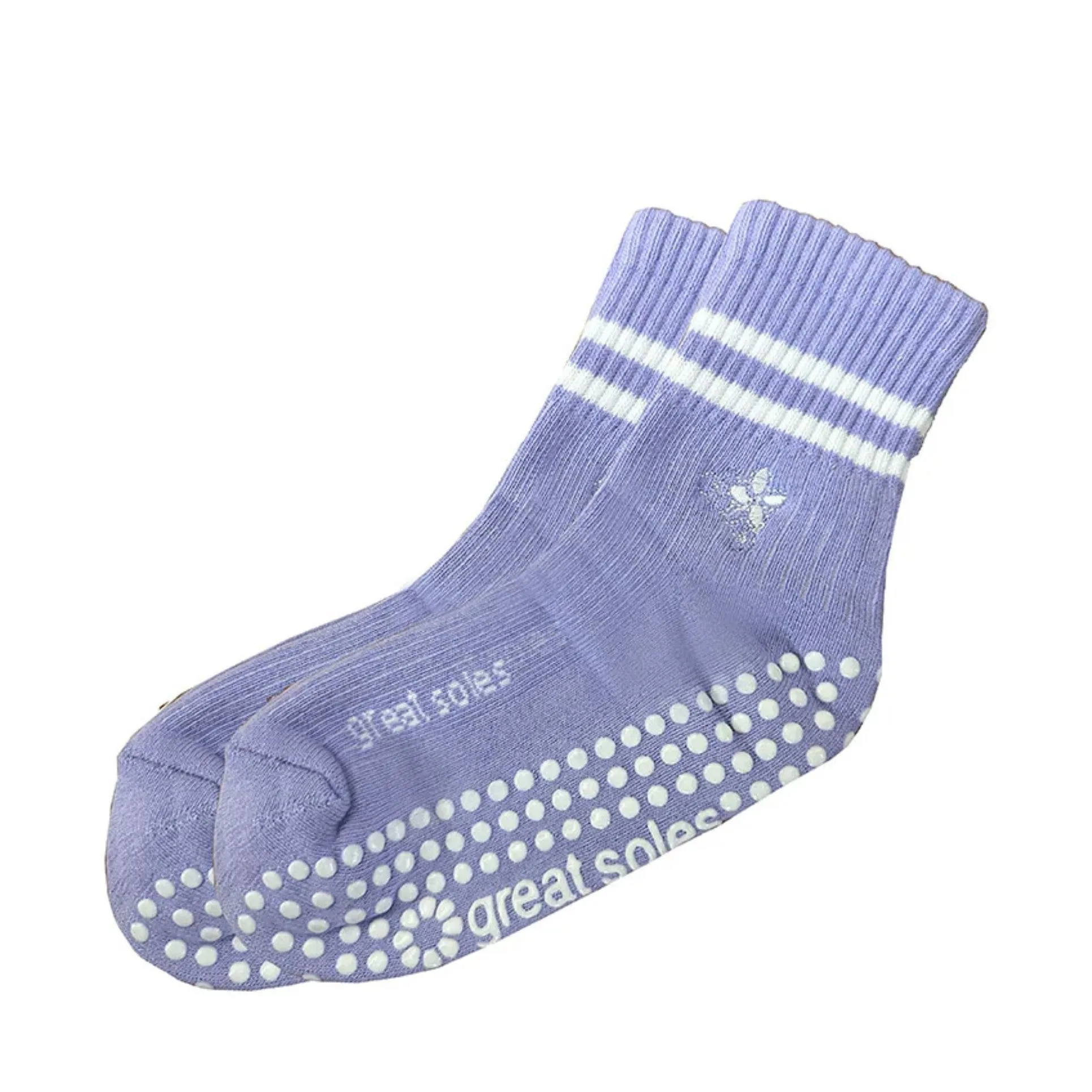 Greer Crew Grip Sock - Lilac White Flower Embroidery- (Barre / Pilates)