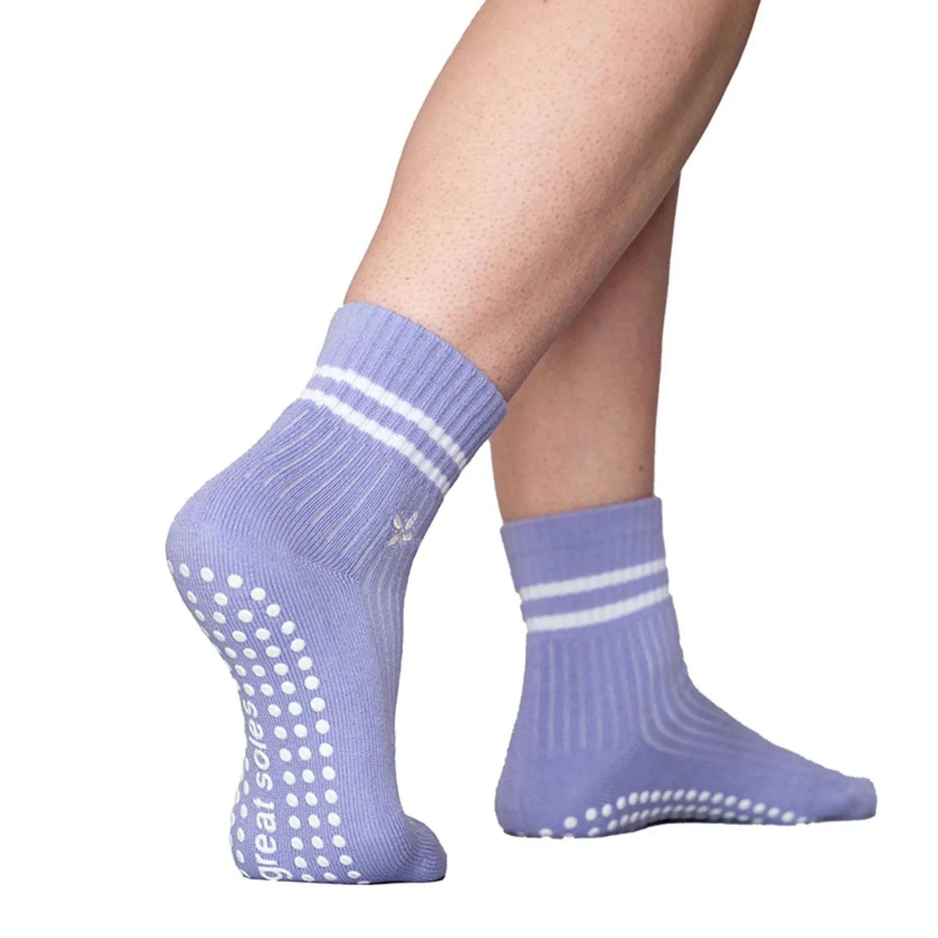 Greer Crew Grip Sock - Lilac White Flower Embroidery- (Barre / Pilates)