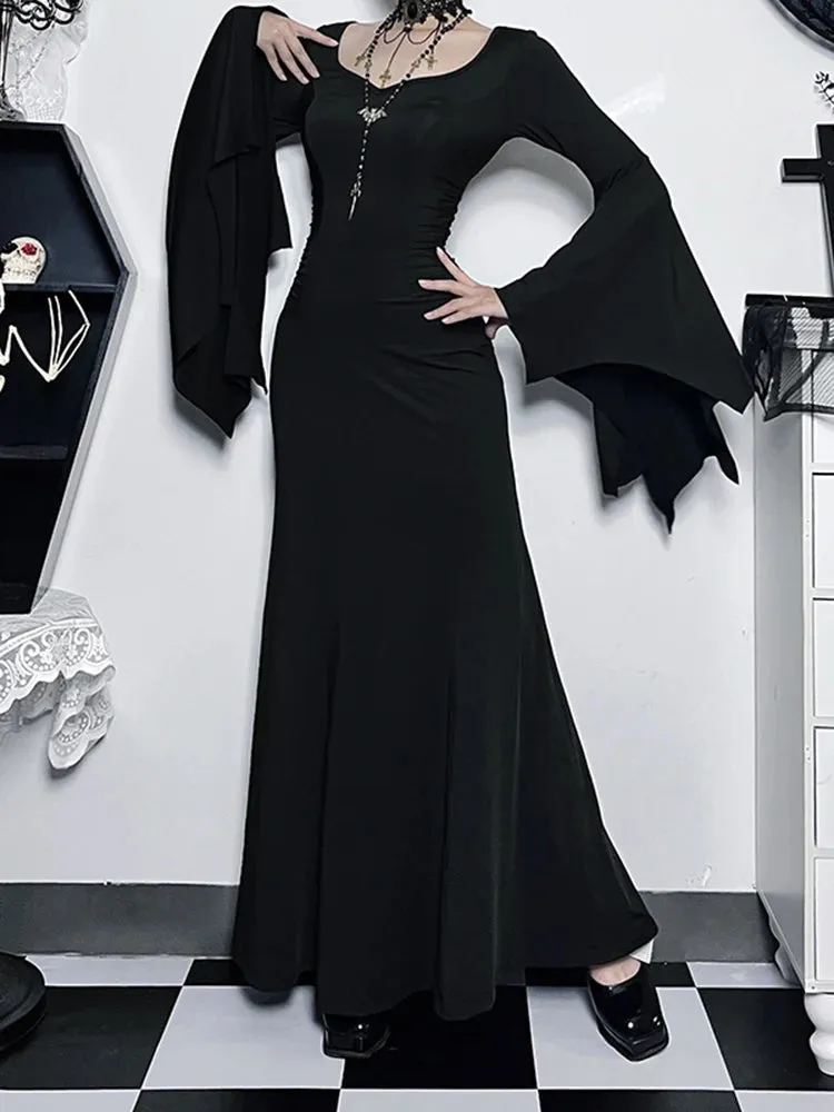 Halloween Sheath Witch Vintage Batwing Sleeve V Neck Long Mermaid Formal Evening Dress