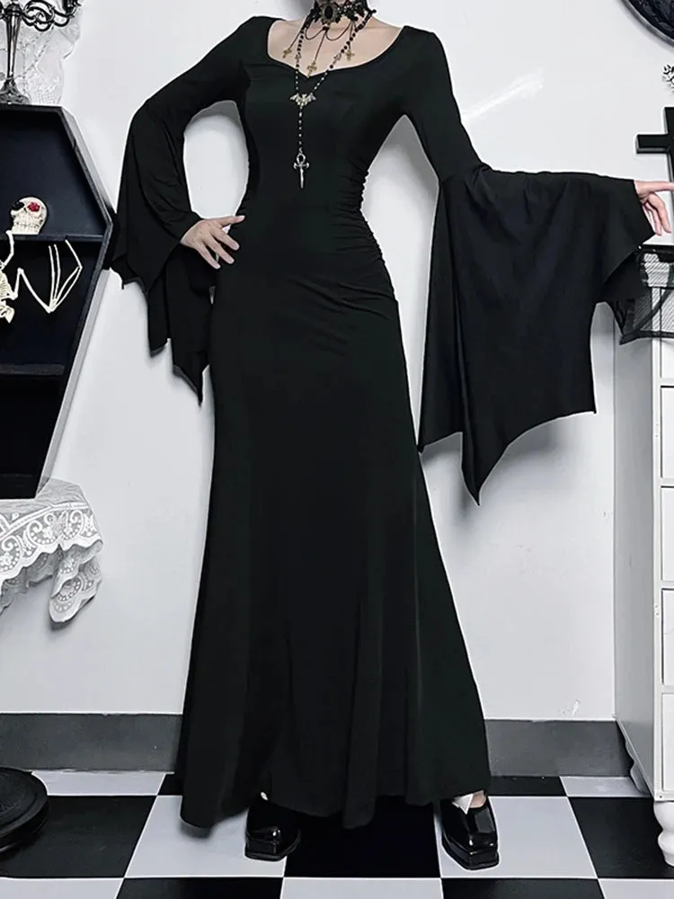 Halloween Sheath Witch Vintage Batwing Sleeve V Neck Long Mermaid Formal Evening Dress