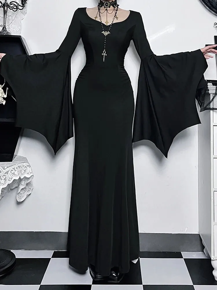 Halloween Sheath Witch Vintage Batwing Sleeve V Neck Long Mermaid Formal Evening Dress