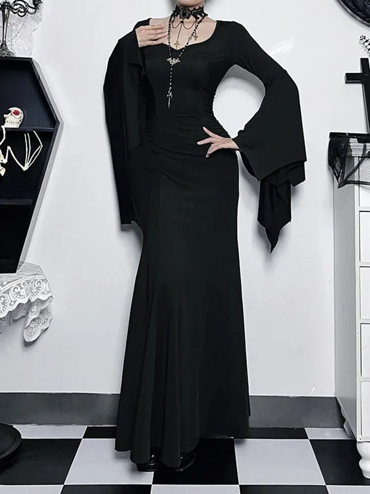 Halloween Sheath Witch Vintage Batwing Sleeve V Neck Long Mermaid Formal Evening Dress