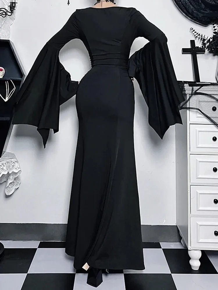 Halloween Sheath Witch Vintage Batwing Sleeve V Neck Long Mermaid Formal Evening Dress