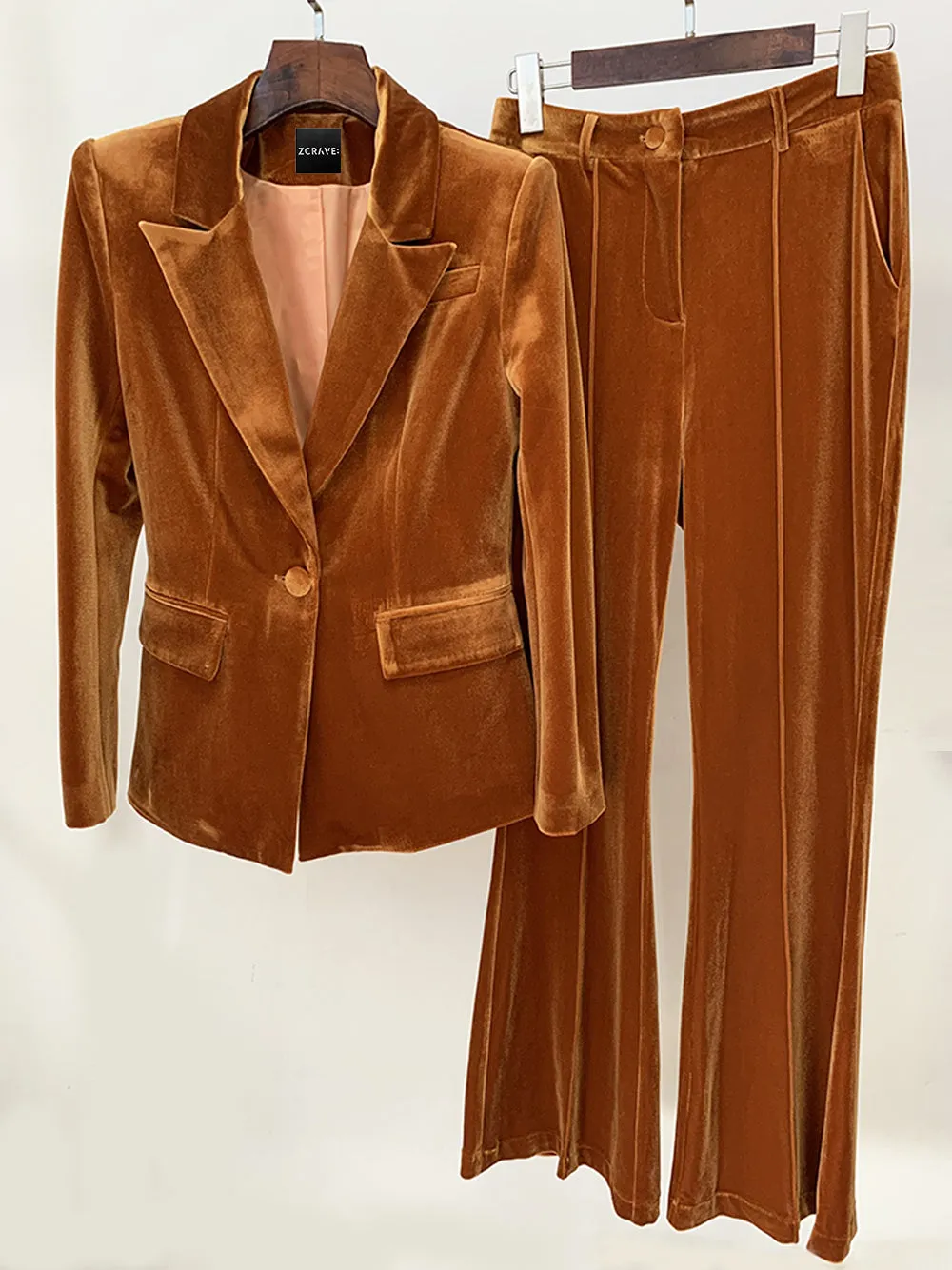 HINIYA Velvet Blazer & Flared Pants Set in Brown