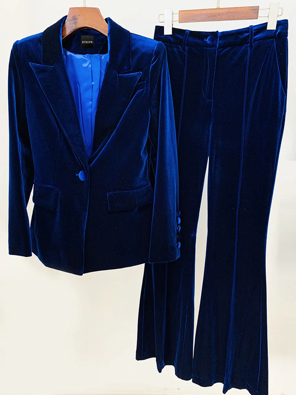 HINIYA Velvet Blazer & Flared Pants Set in Navy