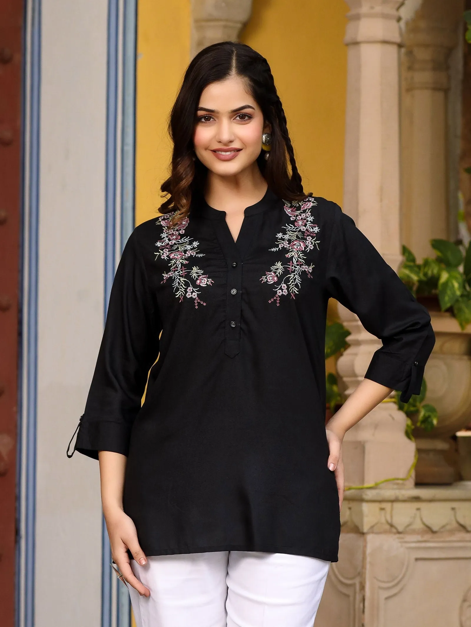 Juniper Black Modal Rayon Embroidered Tunic