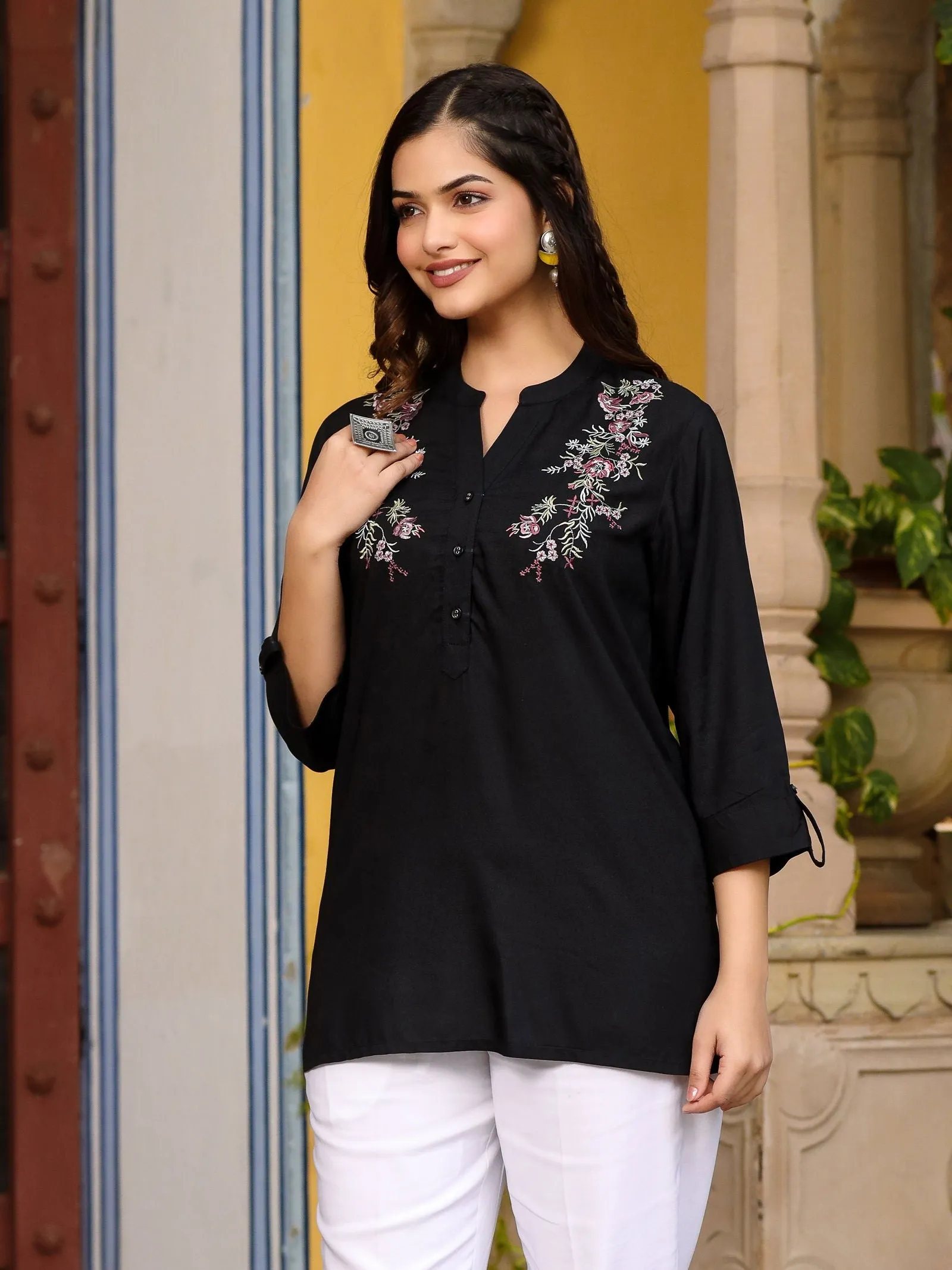 Juniper Black Modal Rayon Embroidered Tunic