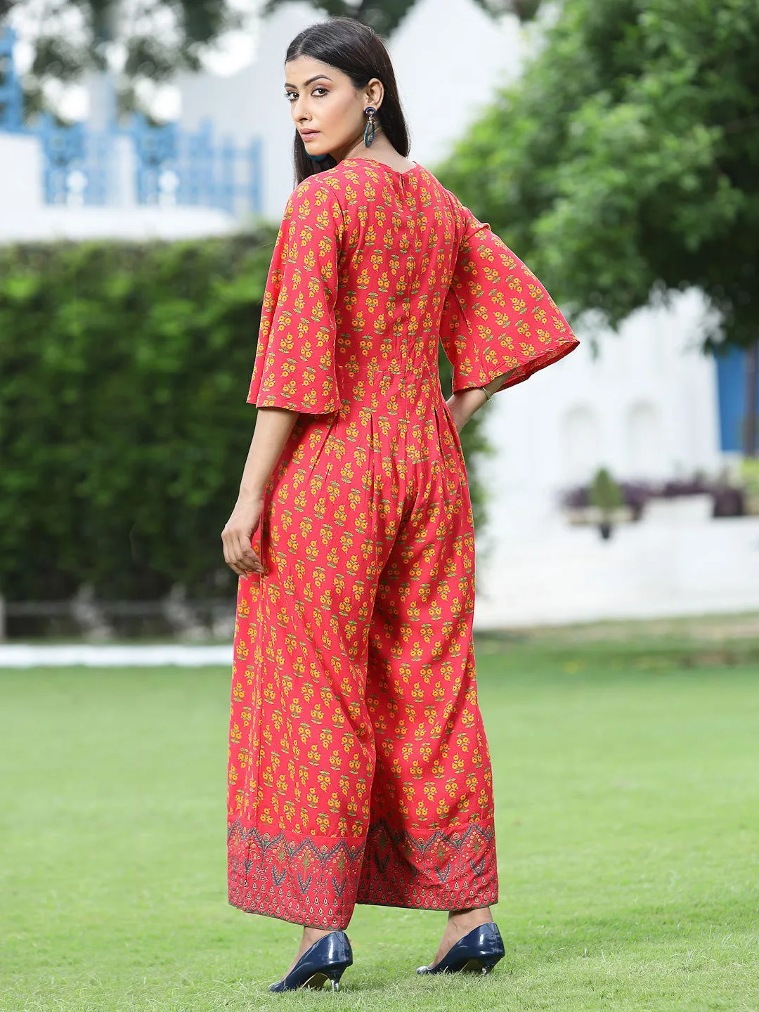 Juniper Coral Ethnic Motif Printed Rayon Flared Jumpsuit.