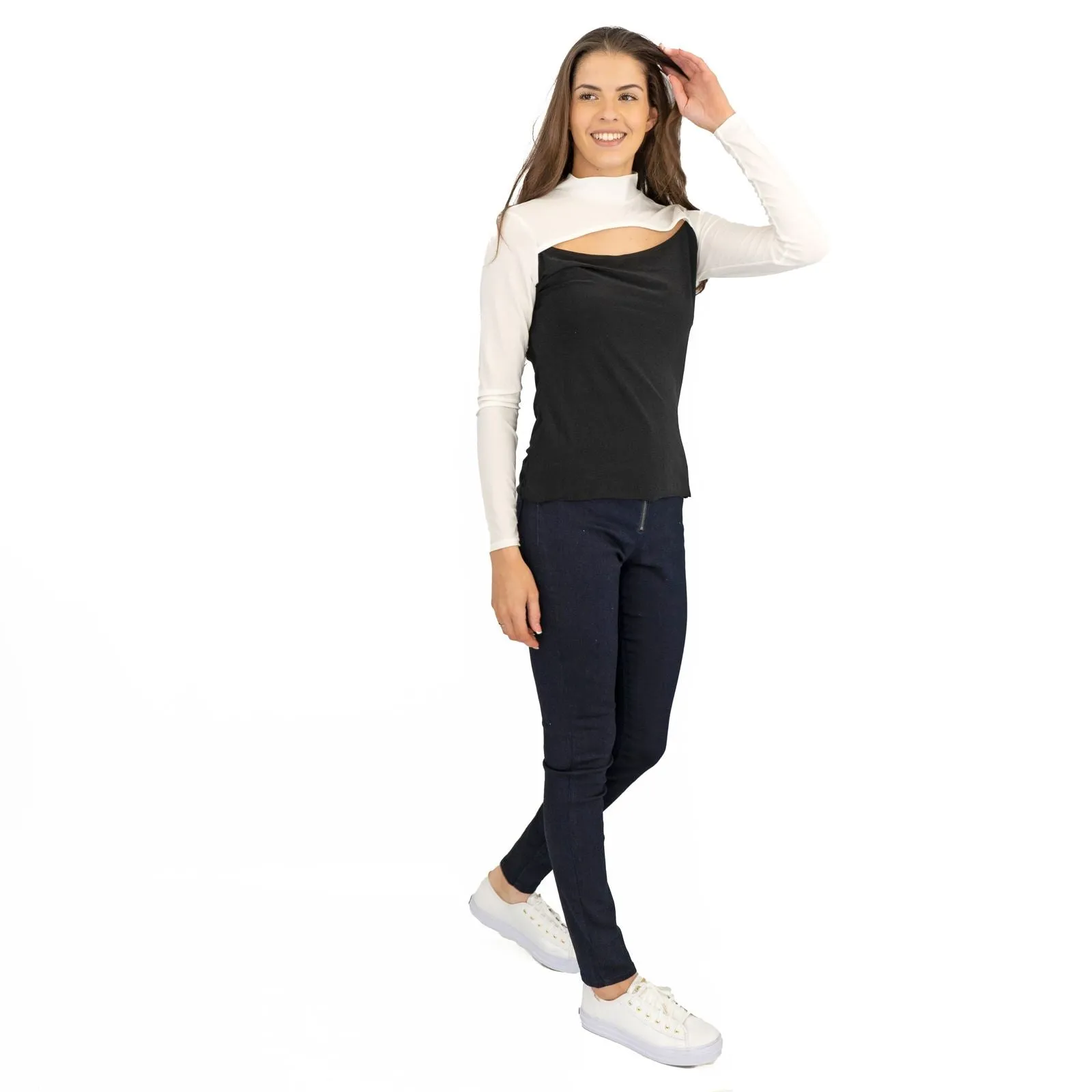 Karen Millen Peep Hole Black & White Long Sleeve Jersey Tops