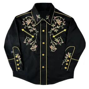 Kid's Black Vintage Variegated Floral Embroidery