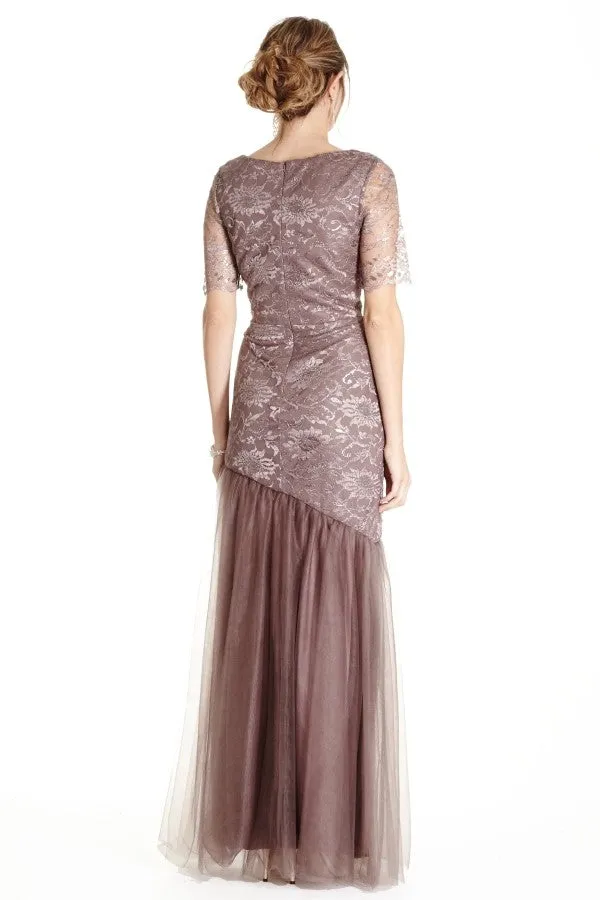 Lace mermaid dress with sheer lace half length sleeves, v-neckline, asymmetric hemline, full length skirt.