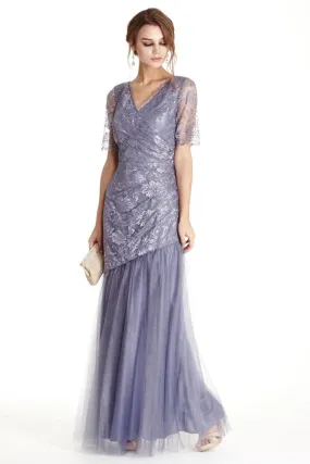 Lace mermaid dress with sheer lace half length sleeves, v-neckline, asymmetric hemline, full length skirt.