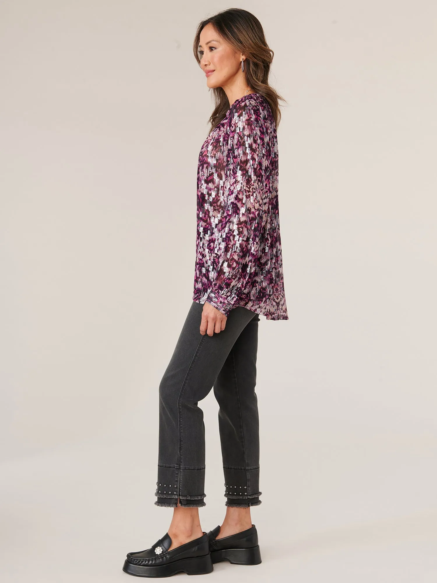 Long Button Sleeve Braided V-Notch Neck and Placket Printed Petite Top