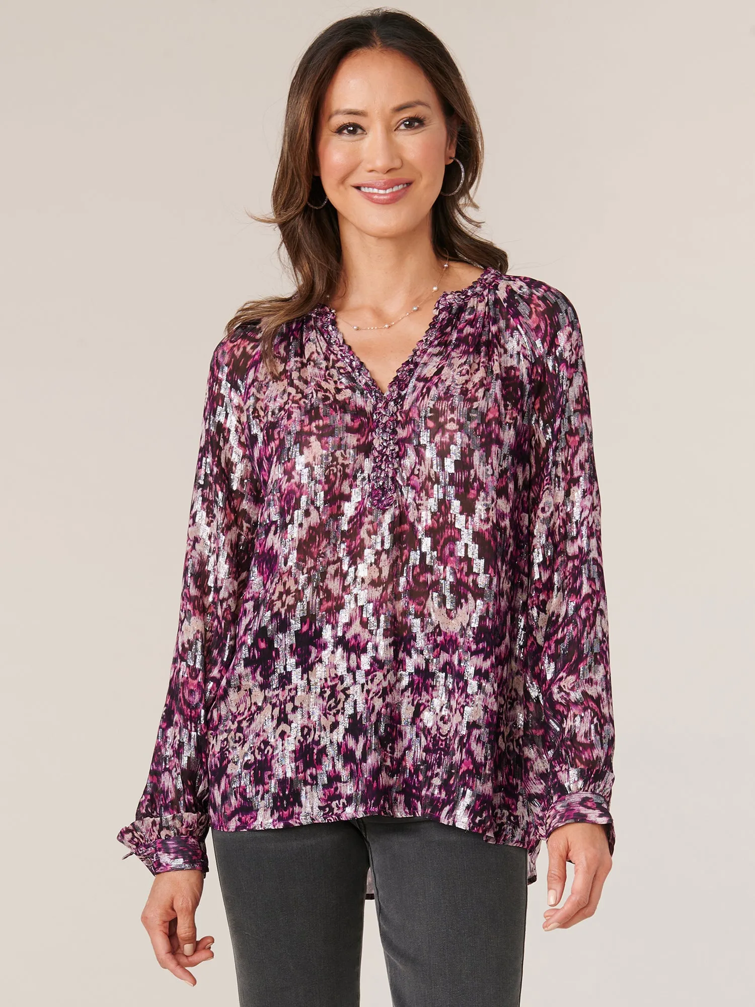 Long Button Sleeve Braided V-Notch Neck and Placket Printed Petite Top