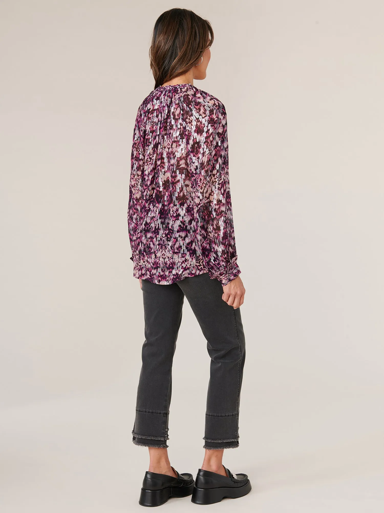 Long Button Sleeve Braided V-Notch Neck and Placket Printed Petite Top