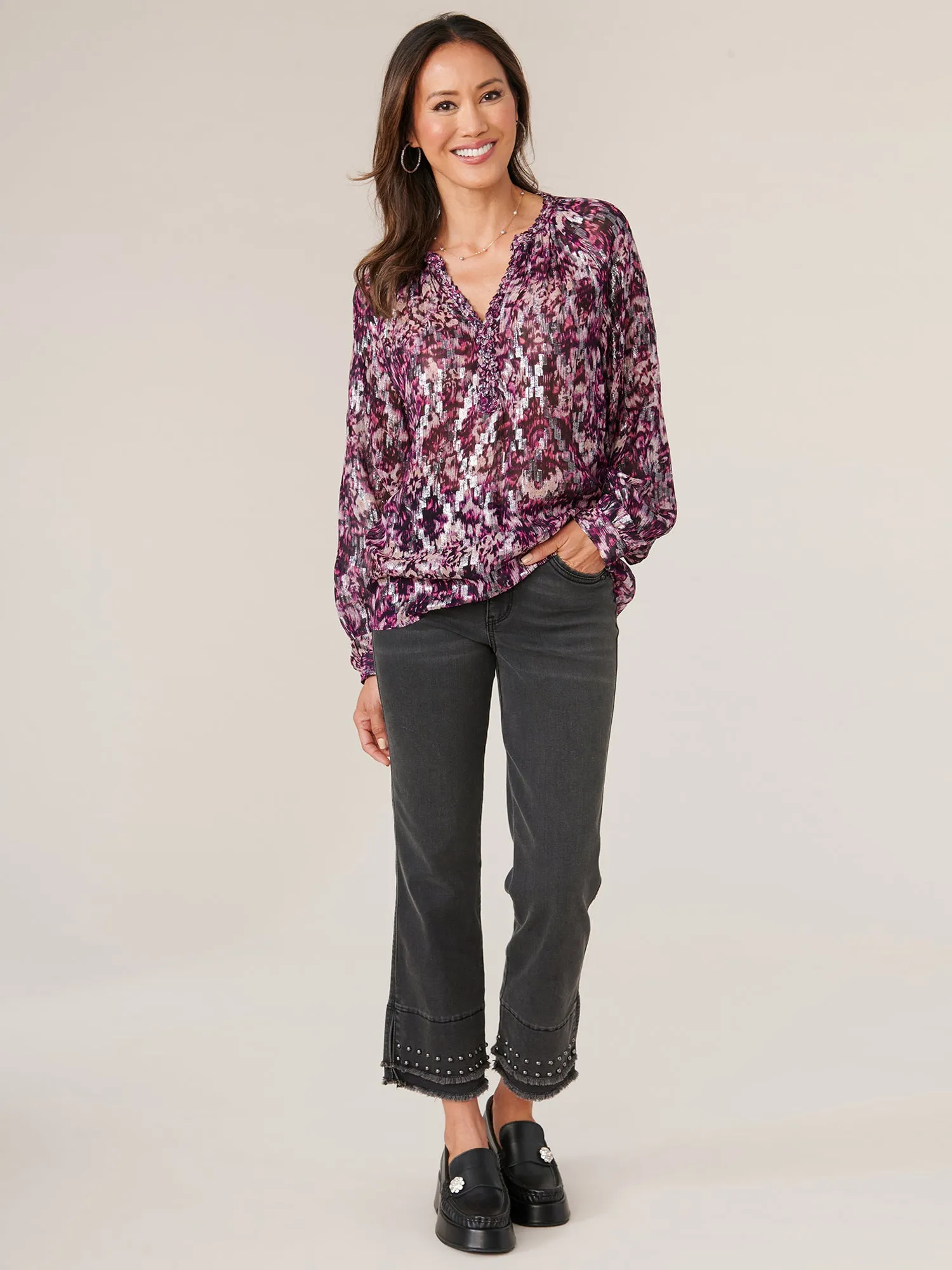 Long Button Sleeve Braided V-Notch Neck and Placket Printed Petite Top