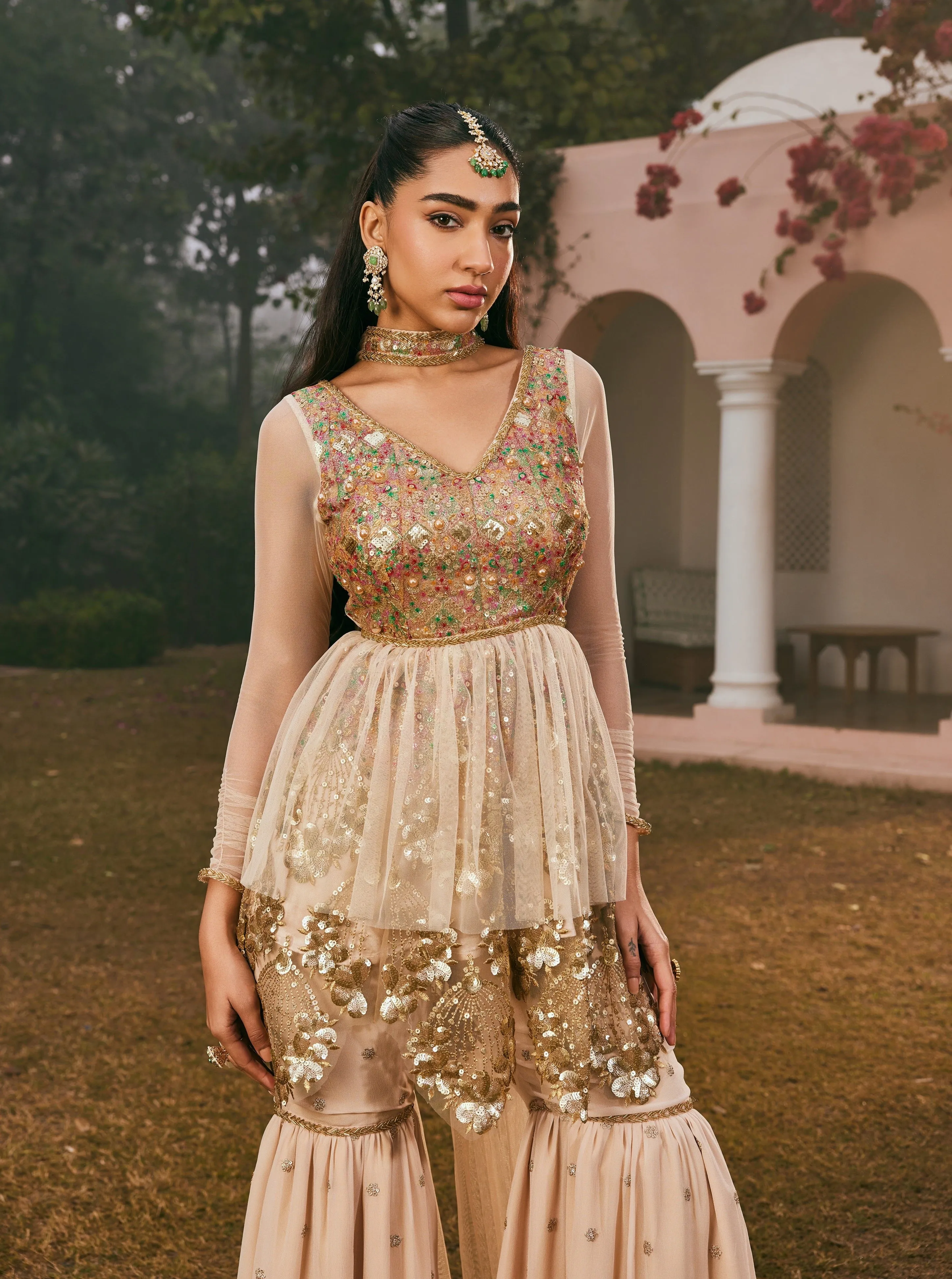 Maira Golden Embroidered Sharara Set