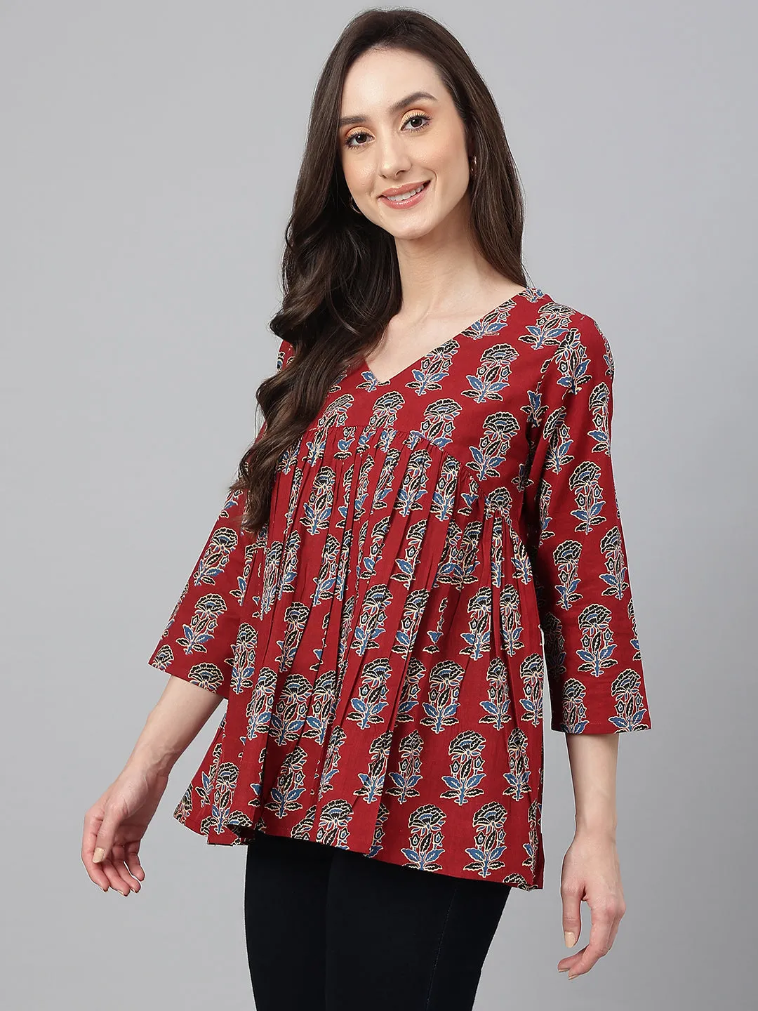 Maroon Cotton Floral Block Print Flared Top