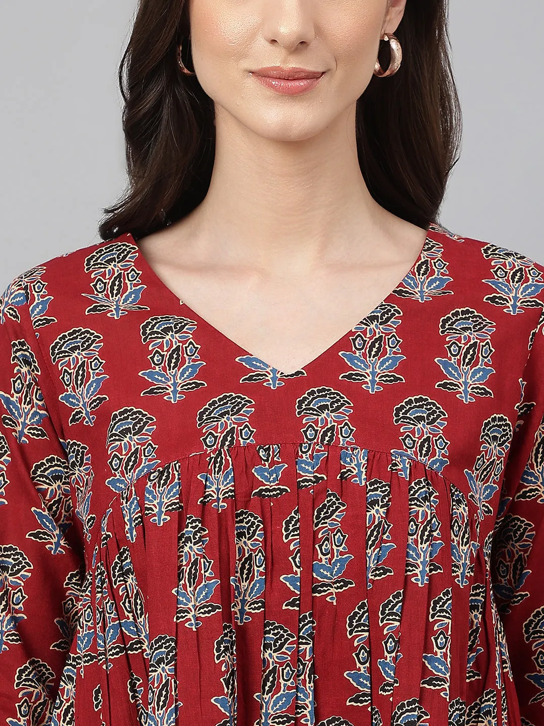 Maroon Cotton Floral Block Print Flared Top