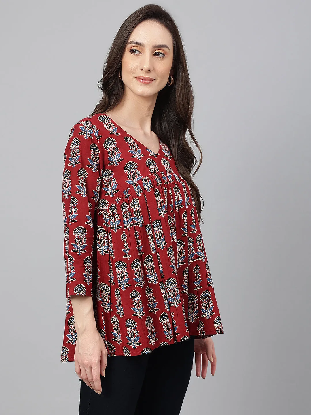 Maroon Cotton Floral Block Print Flared Top