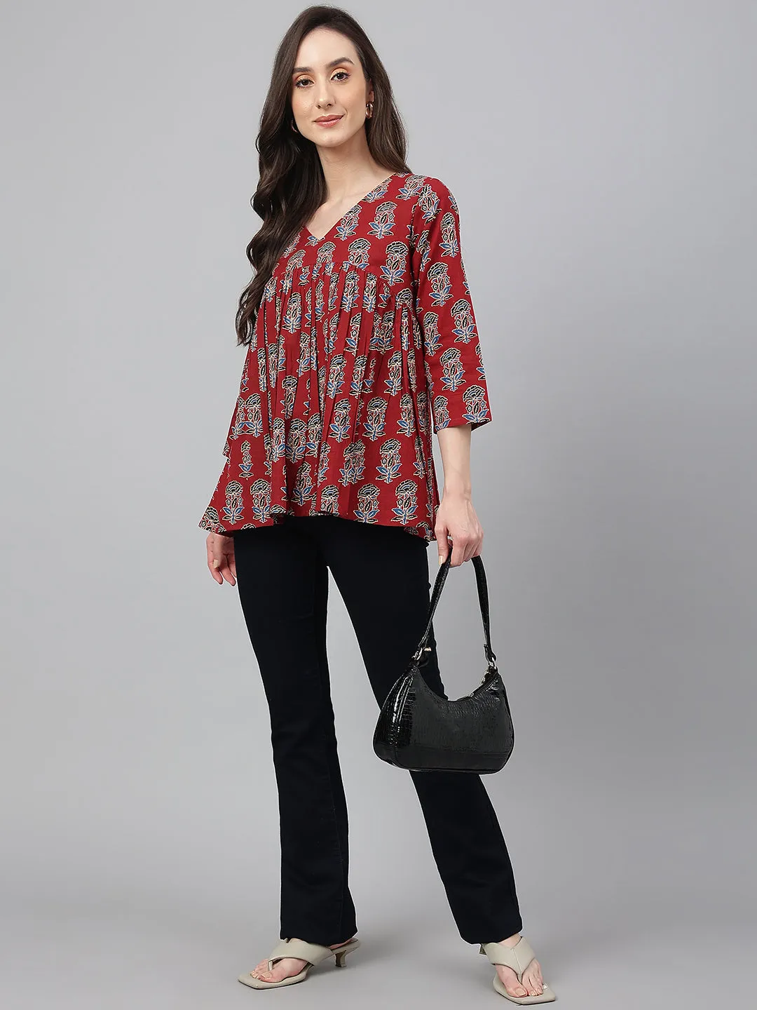 Maroon Cotton Floral Block Print Flared Top