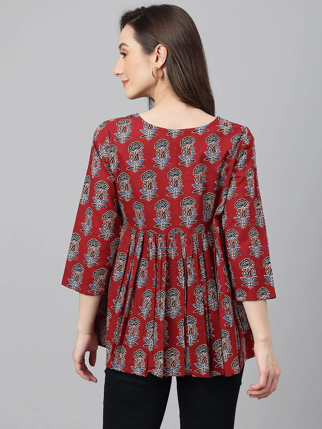 Maroon Cotton Floral Block Print Flared Top