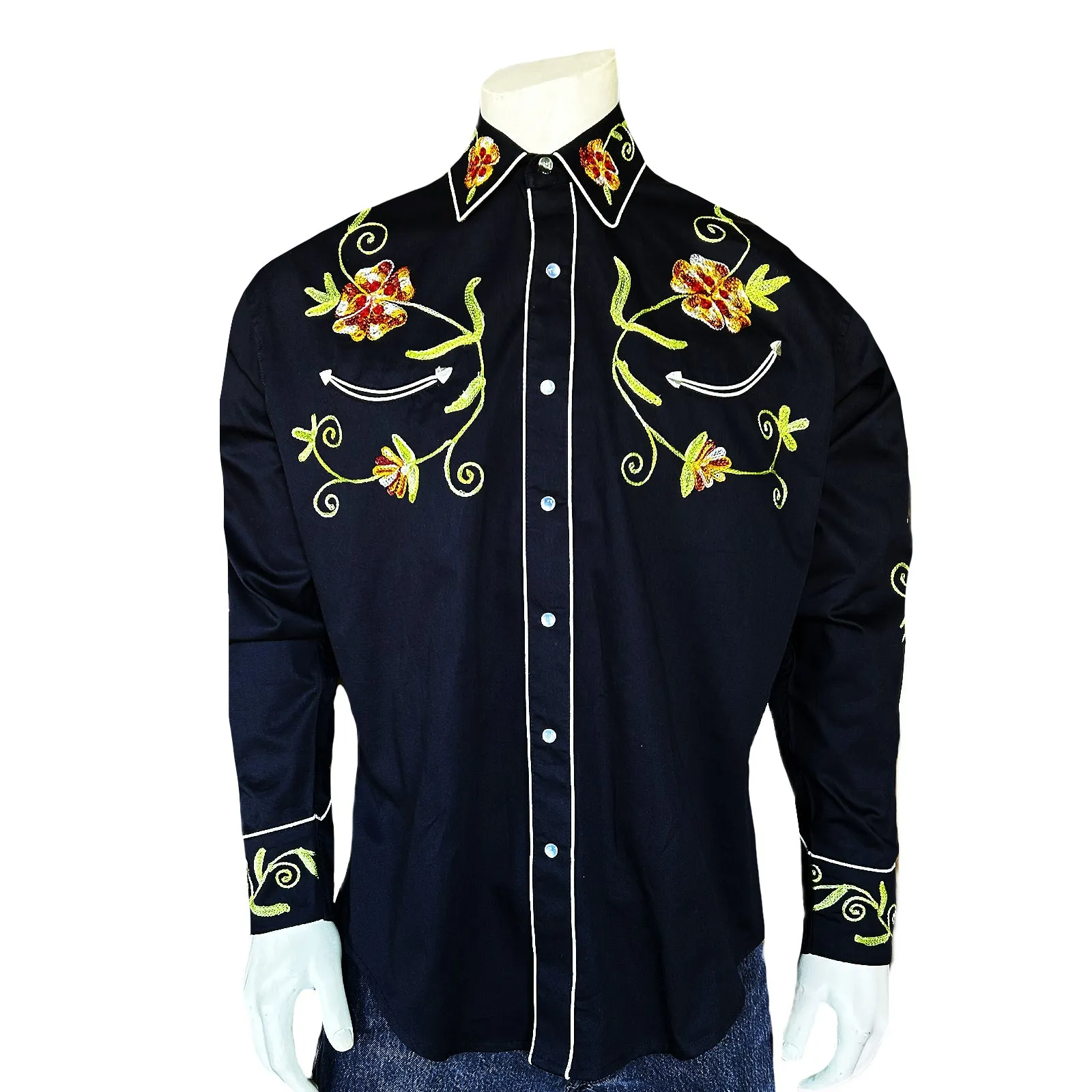 Men's Floral Embroidery Cotton Gabardine Black Western Shirt