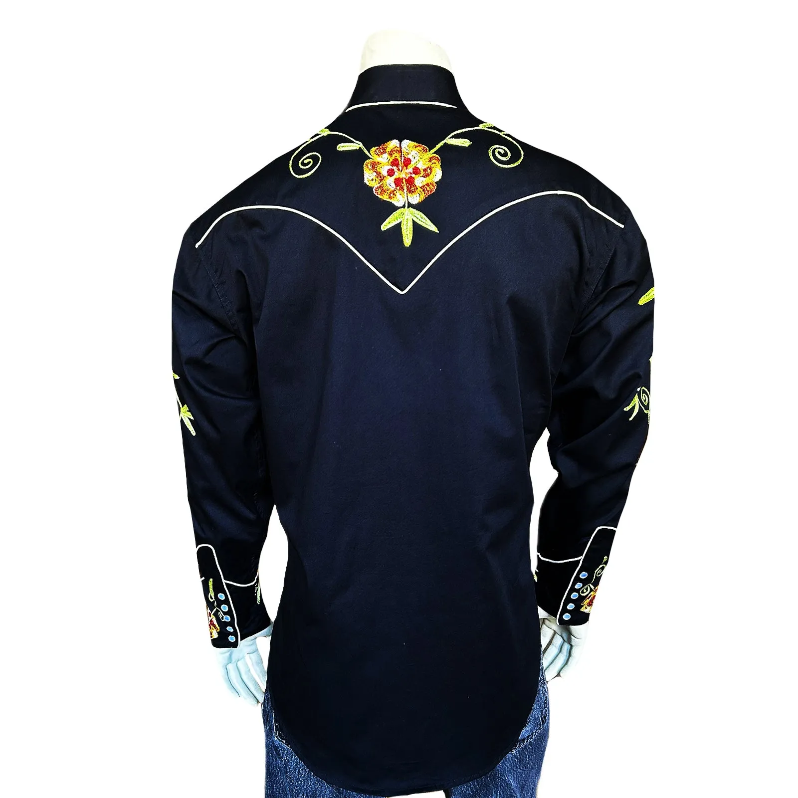 Men's Floral Embroidery Cotton Gabardine Black Western Shirt